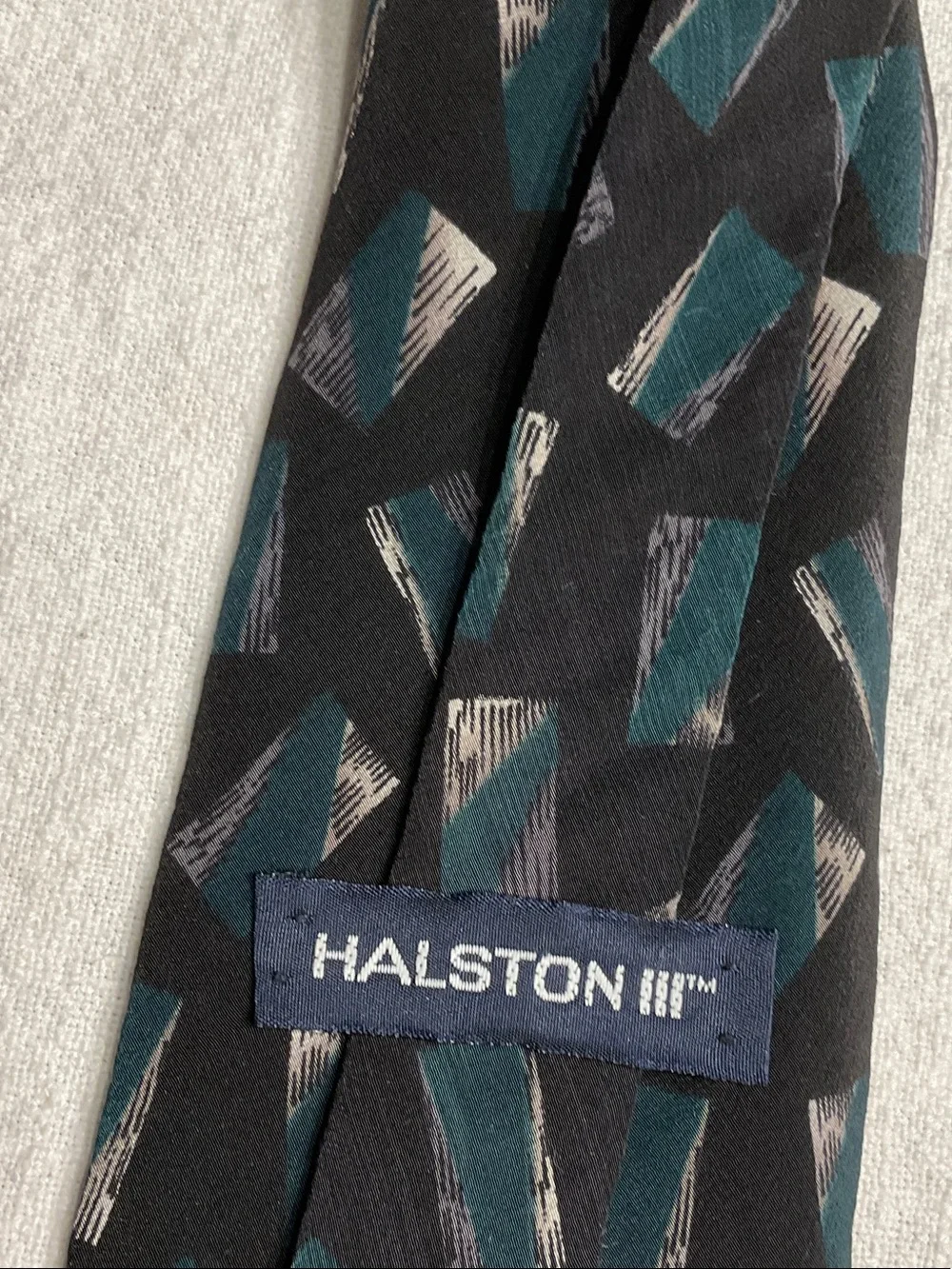 100% Italian Silk Black Tie w/Geometric Pattern Halston III Vintage Luxury